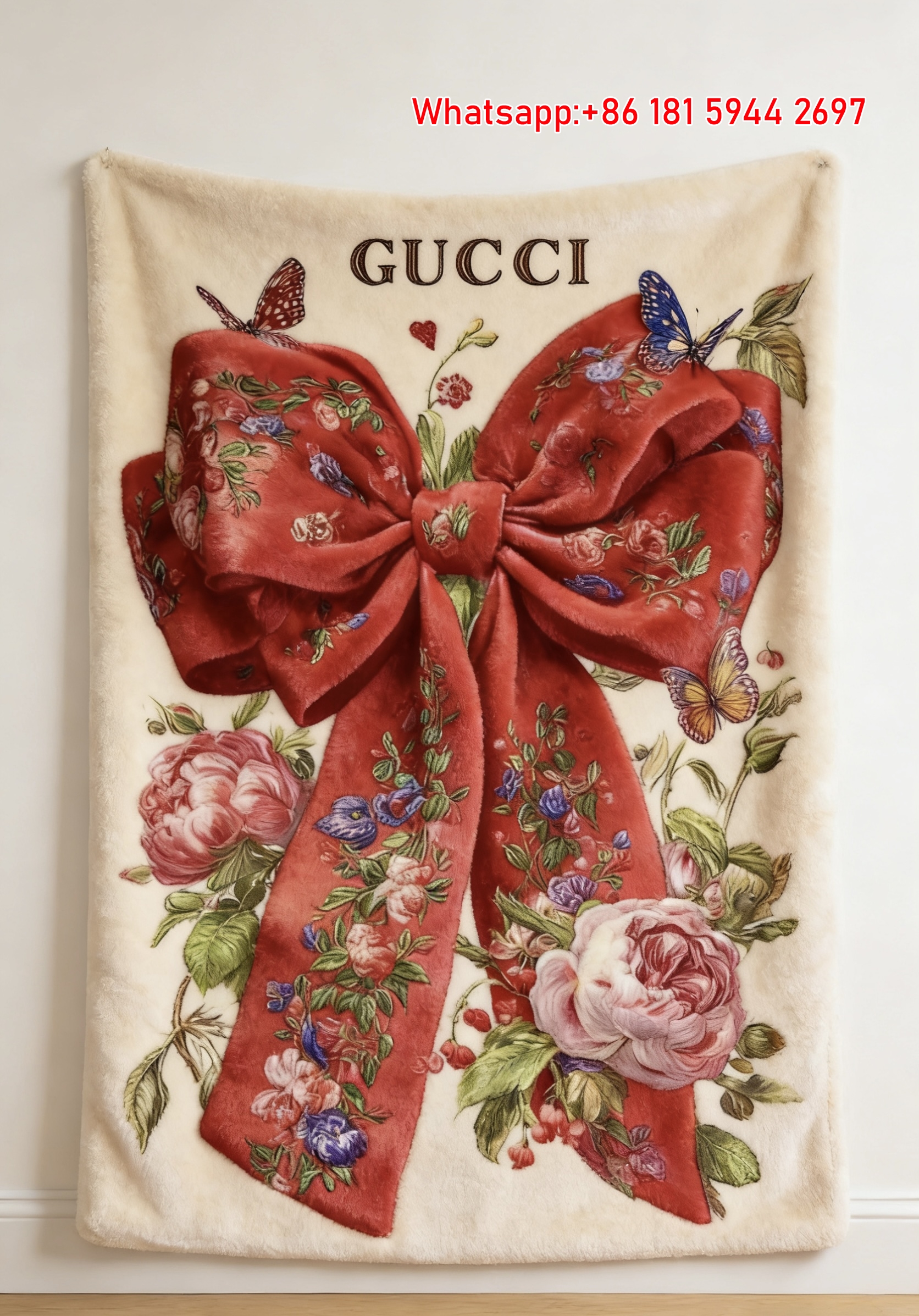 Gucci Bowknot Floral Flannel Throw Blanket for Wall Hanging IMG_4745